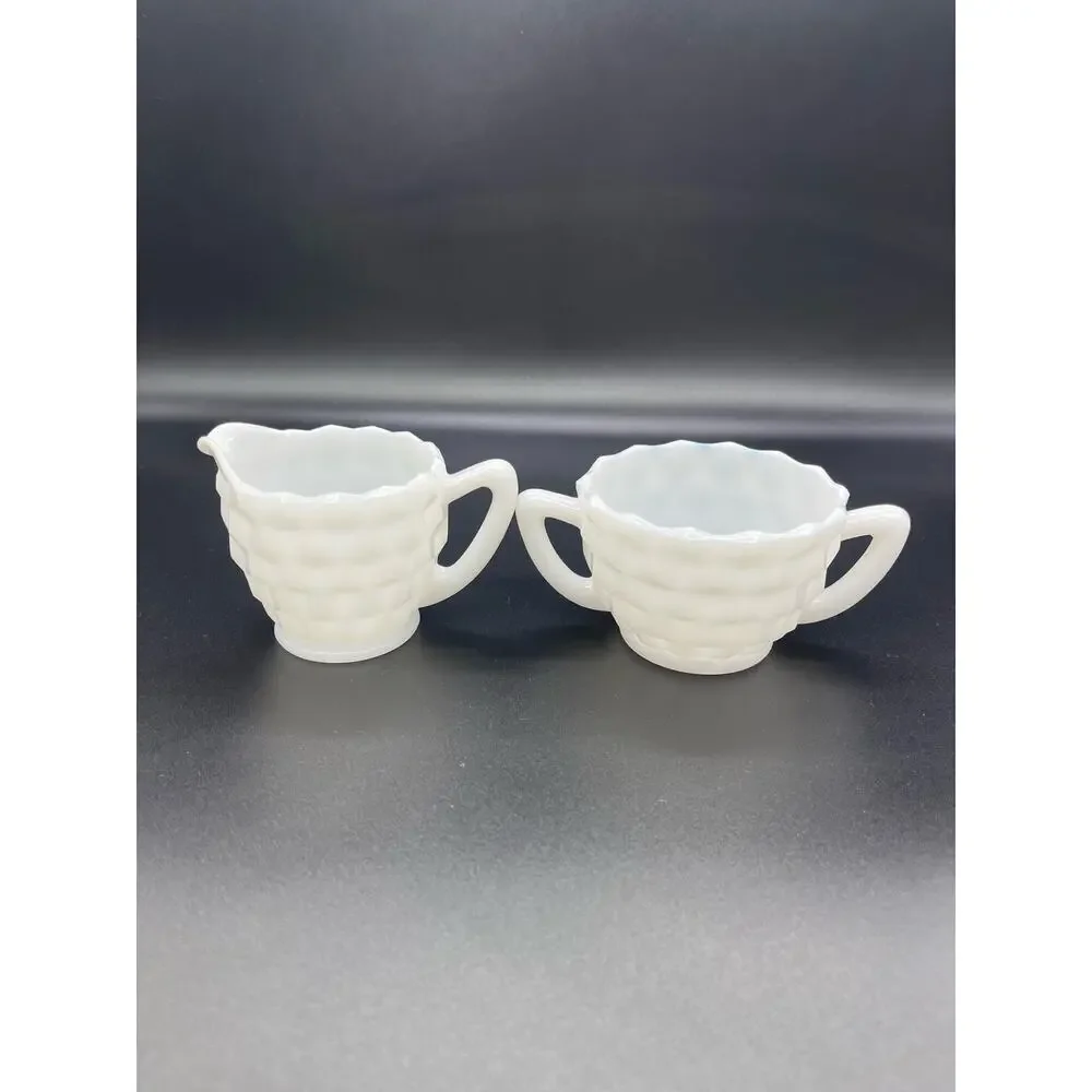 Vintage Hazel Atlas Milk Glass Sugar & Creamer Cubist Cube Pattern